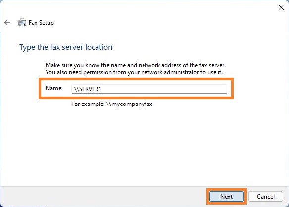 Type the fax server location