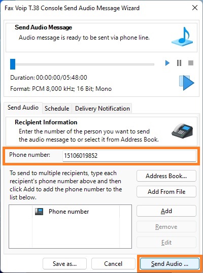 Fax Voip T.38 Console Send Audio Message Wizard