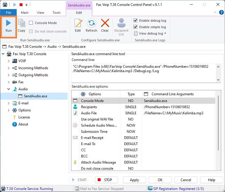 Configure SendAudio.exe