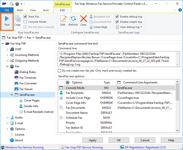 Configure SendFax.exe