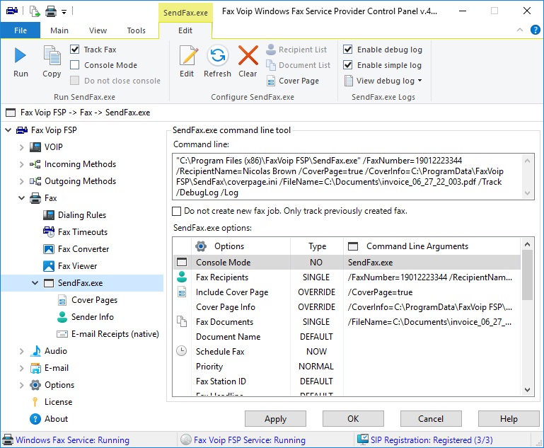 Configure SendFax.exe