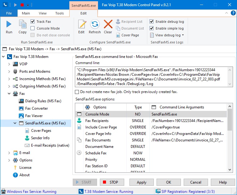 Configure SendFaxMS.exe (Microsoft Fax)