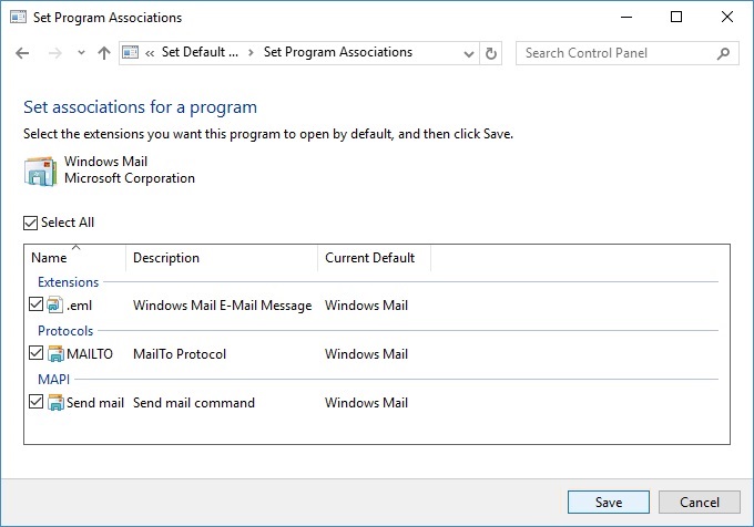 Windows Mail Associations